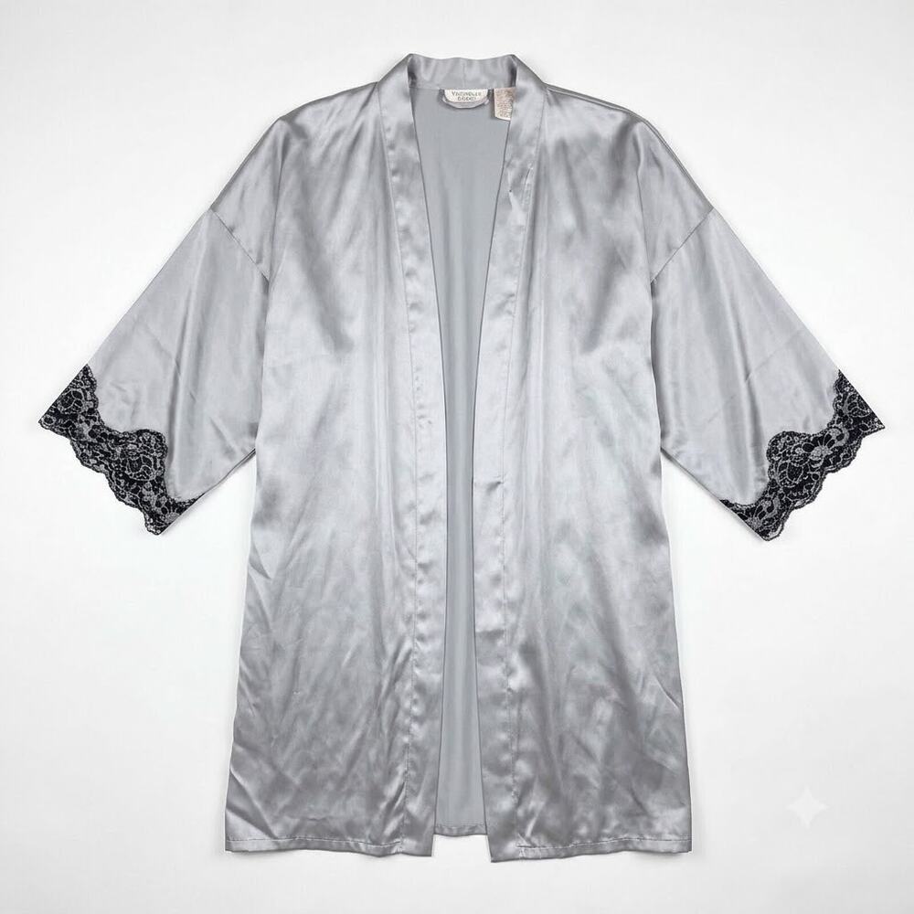Victorias Secret Vintage Silk Robe Gray Lace Trim Gold Label Womens Medium